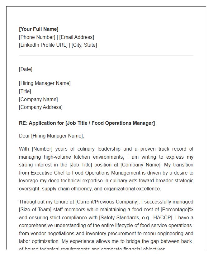 Experienced Chef Seeking Food Operations Management Role Cover Letter Template