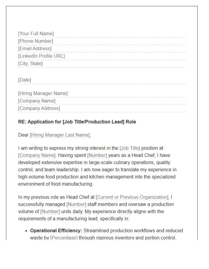 Head Chef Transitioning To Food Manufacturing Lead Cover Letter Template