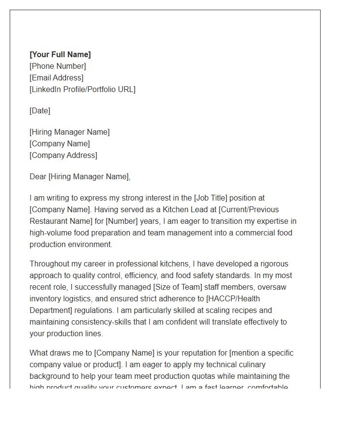 Kitchen Lead Switching To Commercial Food Production Cover Letter Template