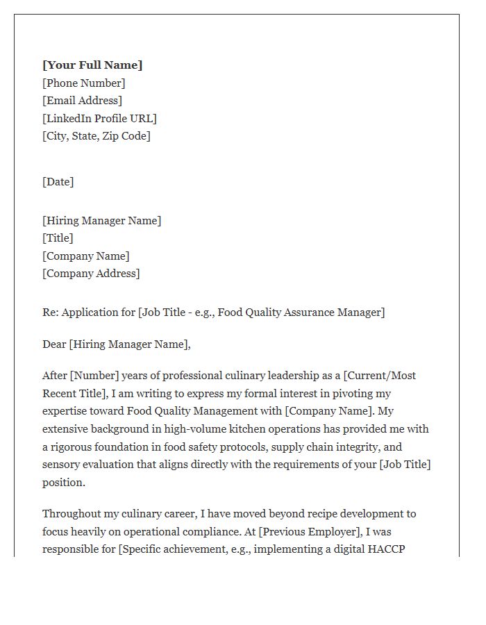 Professional Chef Pivot To Food Quality Management Cover Letter Template