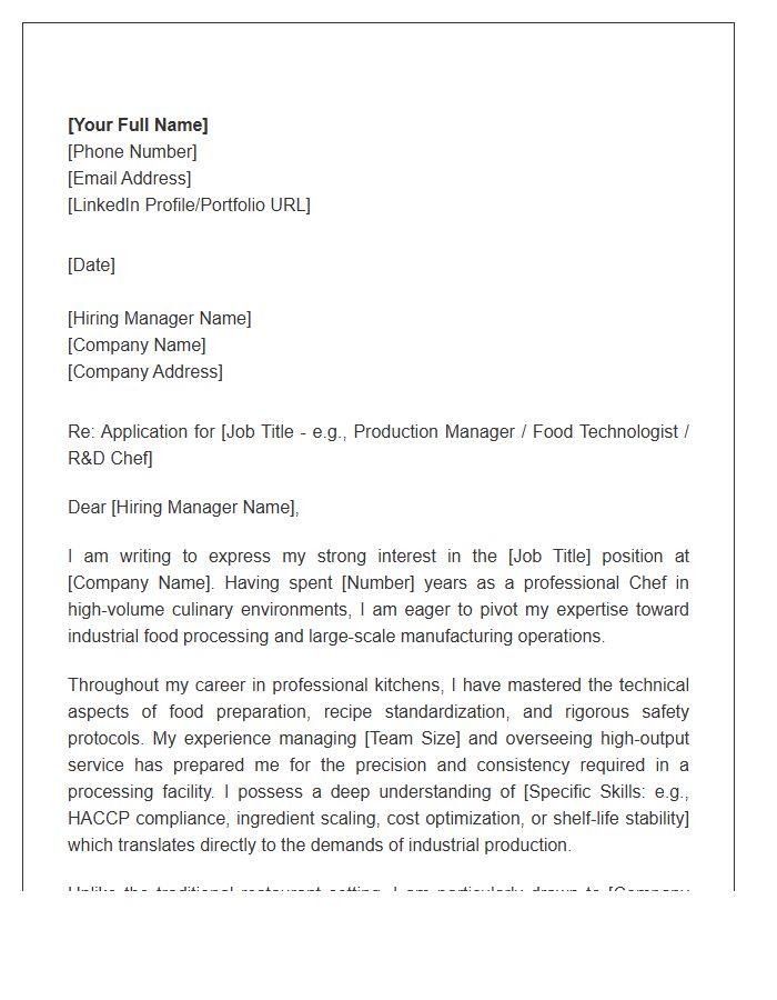 Restaurant Chef Relocating To Industrial Food Processing Cover Letter Template