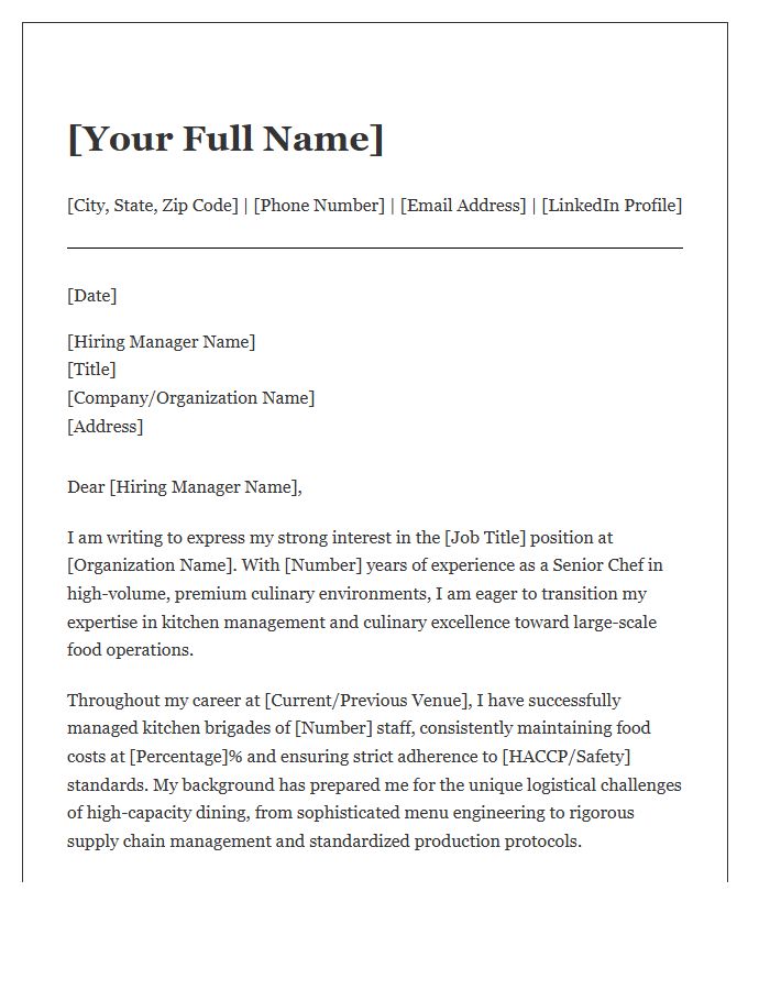 Senior Chef Shift To Large Scale Food Operations Cover Letter Template