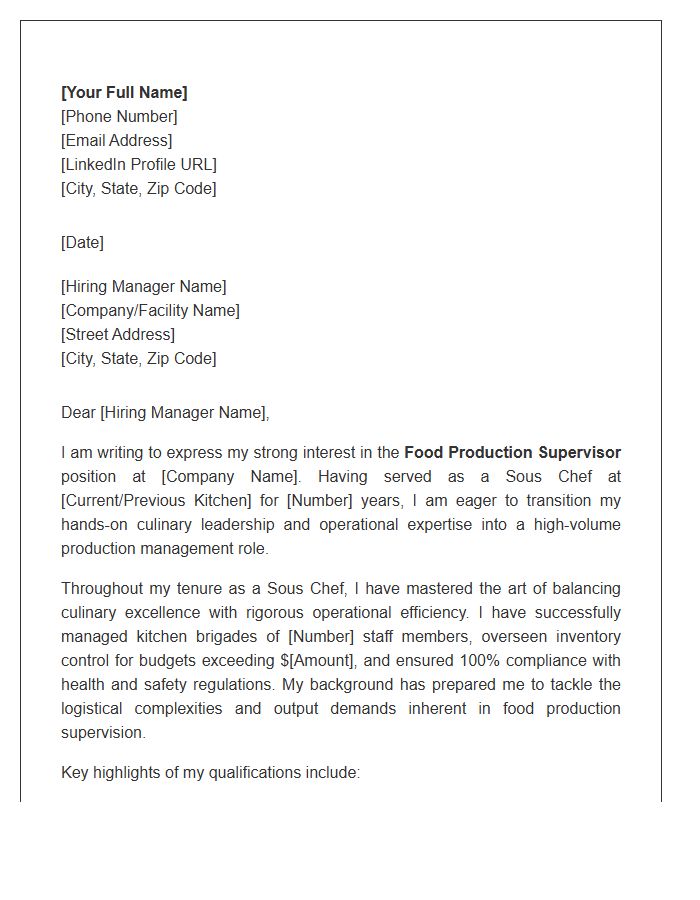 Sous Chef Advancing To Food Production Supervision Cover Letter Template