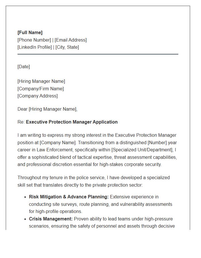 Executive Protection Manager Police Transition Cover Letter Template