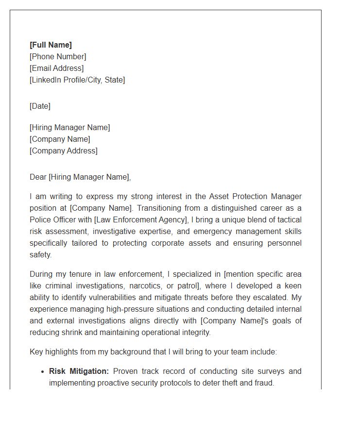 Former Police Officer Asset Protection Manager Cover Letter Template