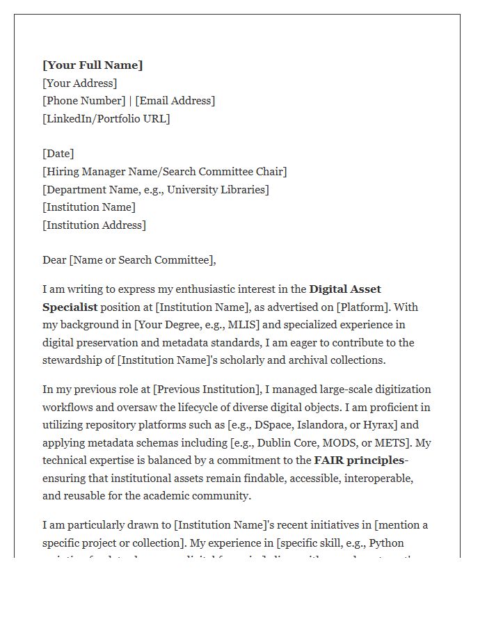 Academic Librarian Digital Asset Specialist Cover Letter Template