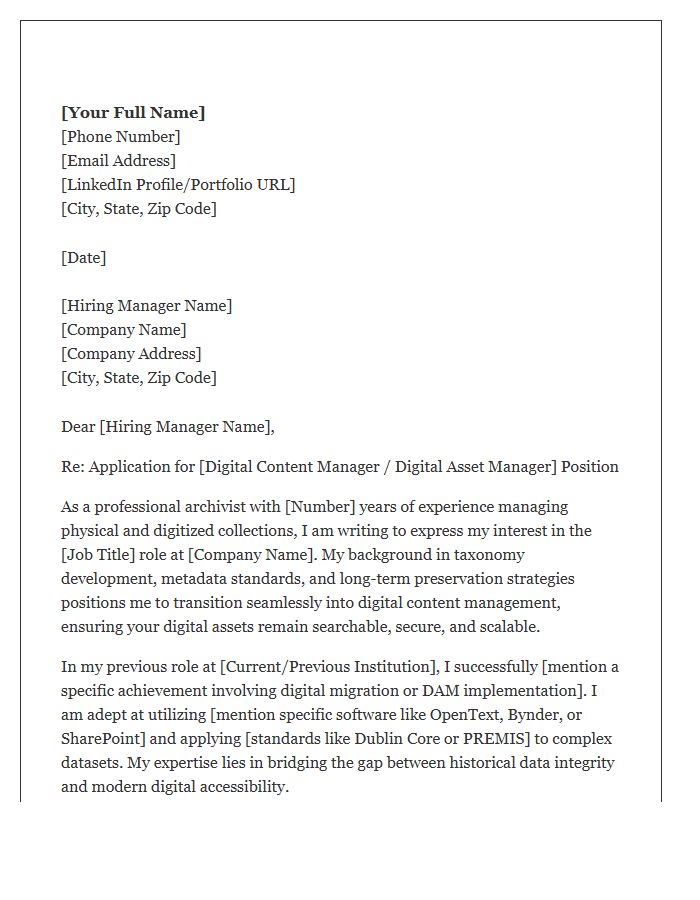 Archivist Moving Into Digital Content Management Cover Letter Template