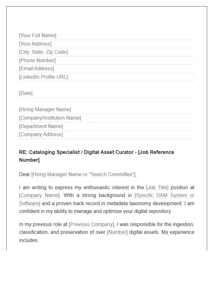 Cataloging Specialist Digital Asset Curator Cover Letter Template