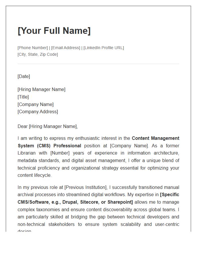 Former Librarian Content Management System Professional Cover Letter Template