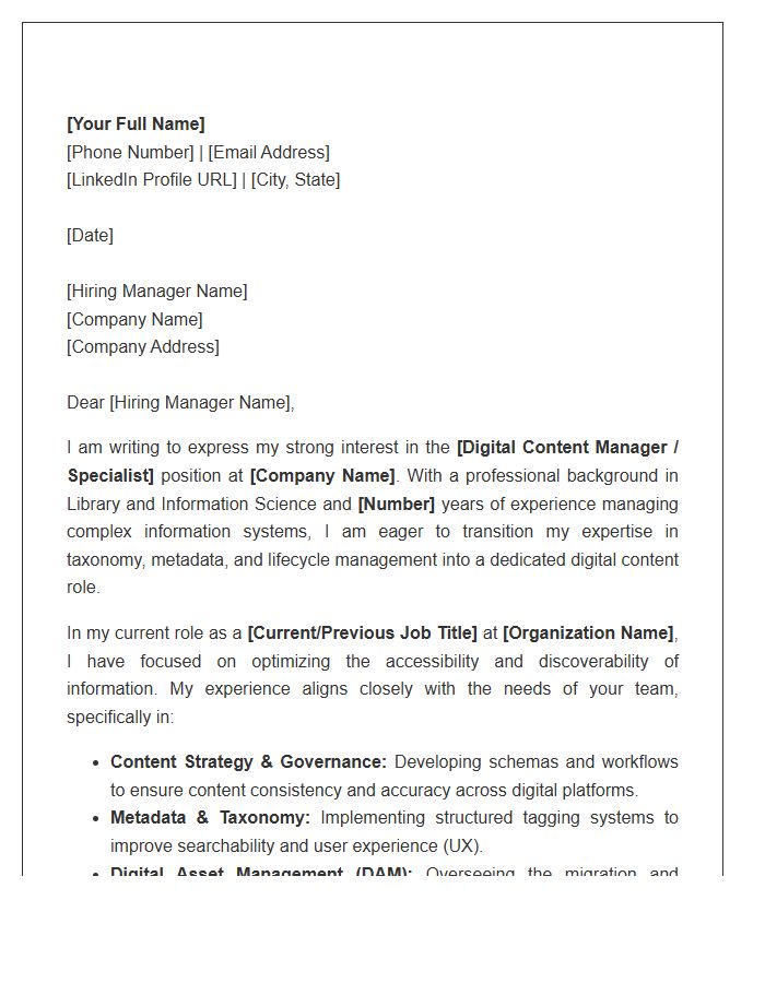 Librarian To Digital Content Management Transition Cover Letter Template