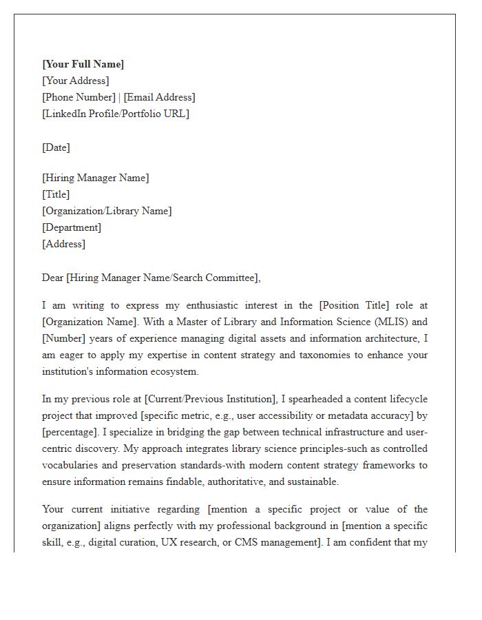Library Science Professional Content Strategy Cover Letter Template