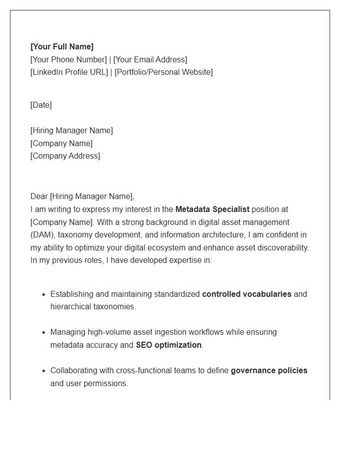 Metadata Specialist Digital Asset Management Cover Letter Template