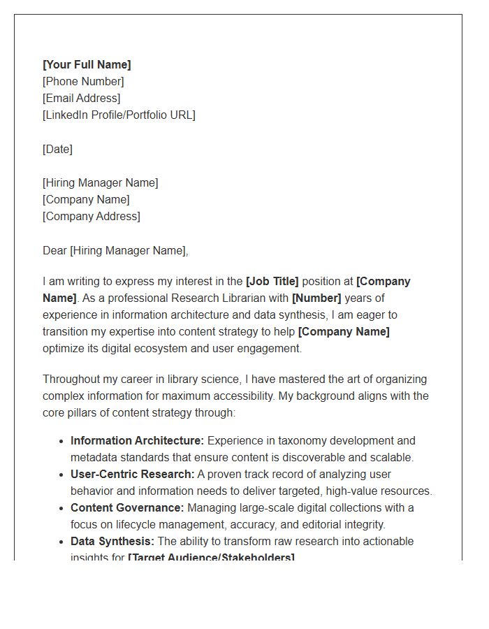 Research Librarian Transitioning To Content Strategy Cover Letter Template