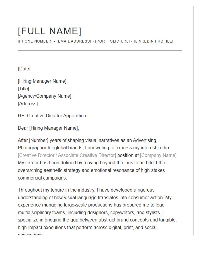 Advertising Photographer Pursuing Creative Director Cover Letter Template