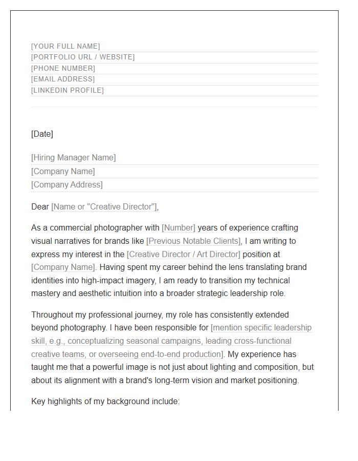 Commercial Photographer Seeking Creative Direction Role Cover Letter Template