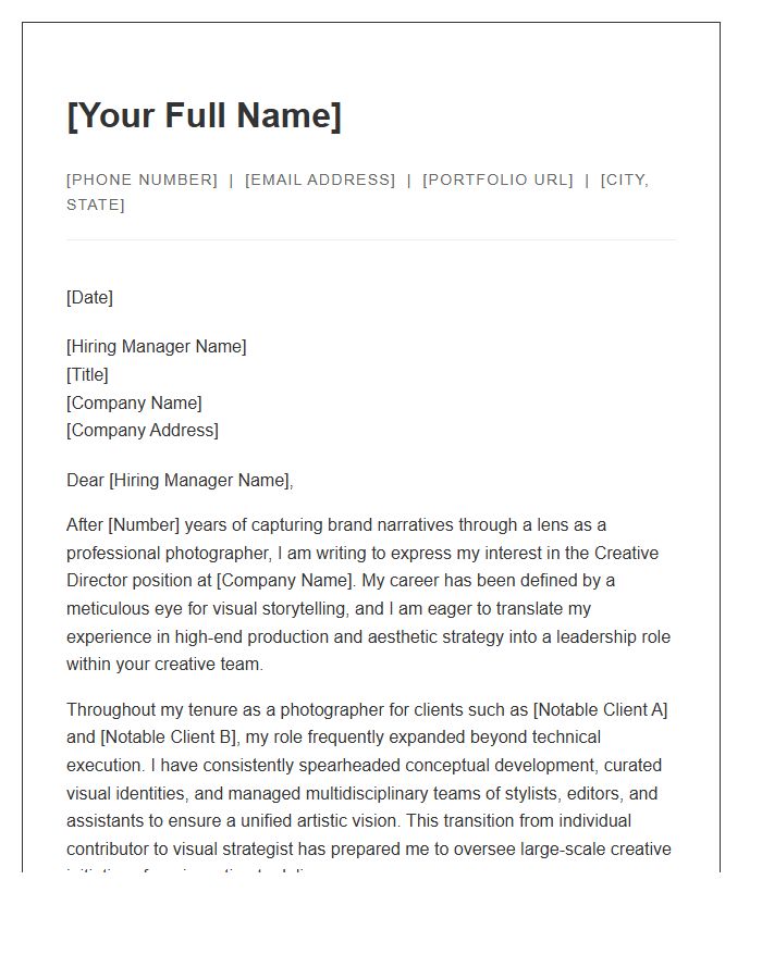 Experienced Photographer Transitioning To Creative Director Cover Letter Template