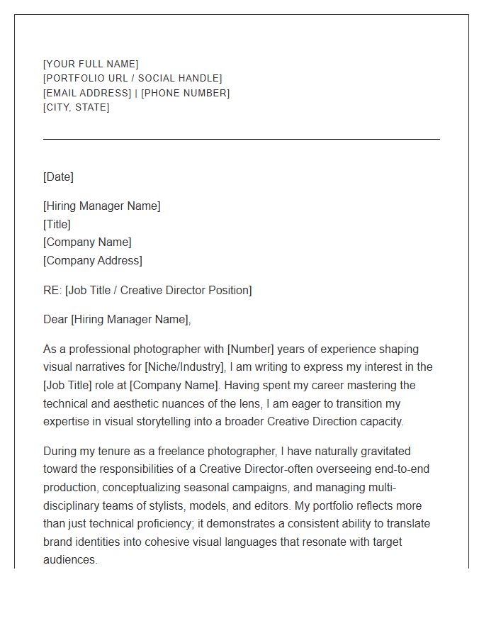 Freelance Photographer Advancing To Creative Direction Cover Letter Template