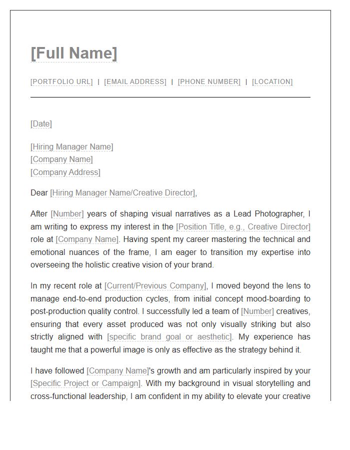 Lead Photographer Applying For Creative Direction Cover Letter Template