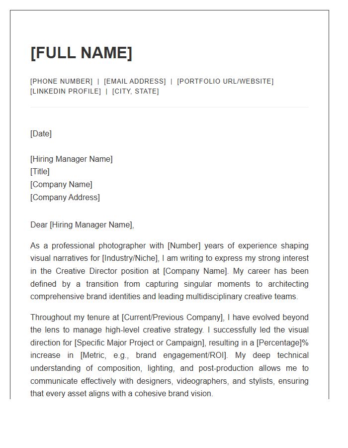 Professional Photographer Seeking Creative Director Position Cover Letter Template