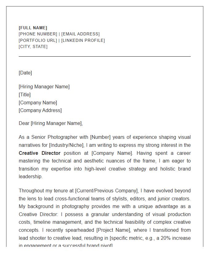 Senior Photographer Transitioning To Creative Director Cover Letter Template