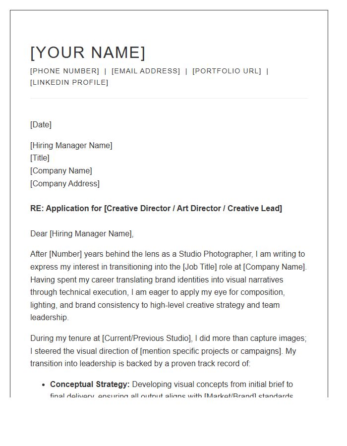 Studio Photographer Moving Into Creative Leadership Cover Letter Template