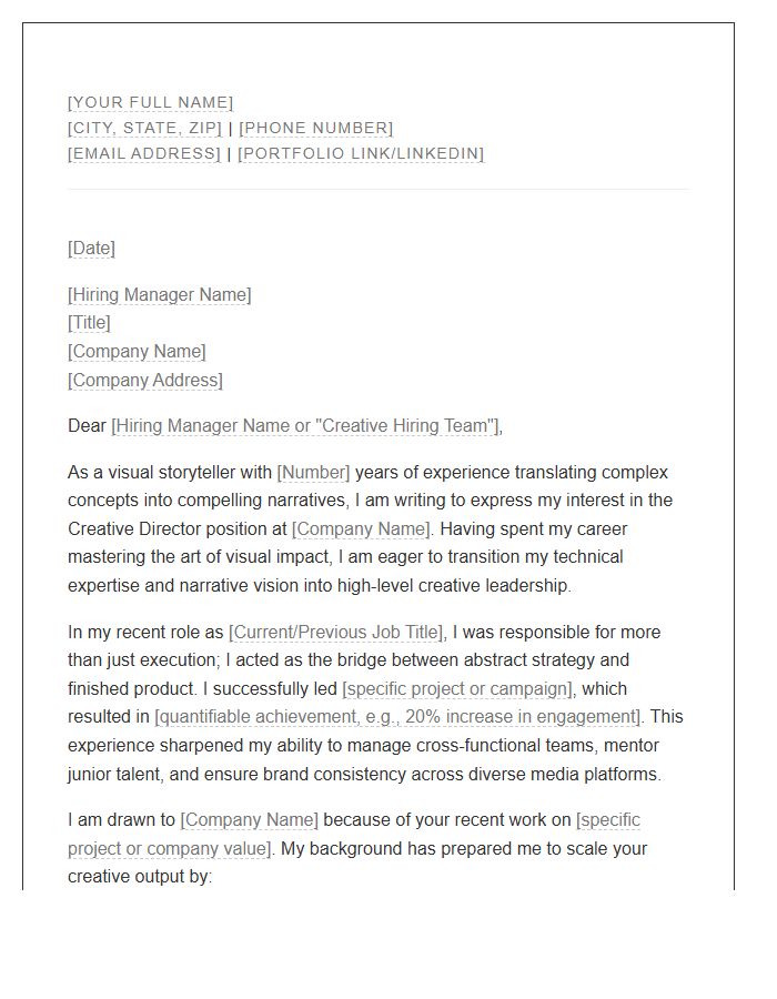 Visual Storyteller To Creative Director Transition Cover Letter Template