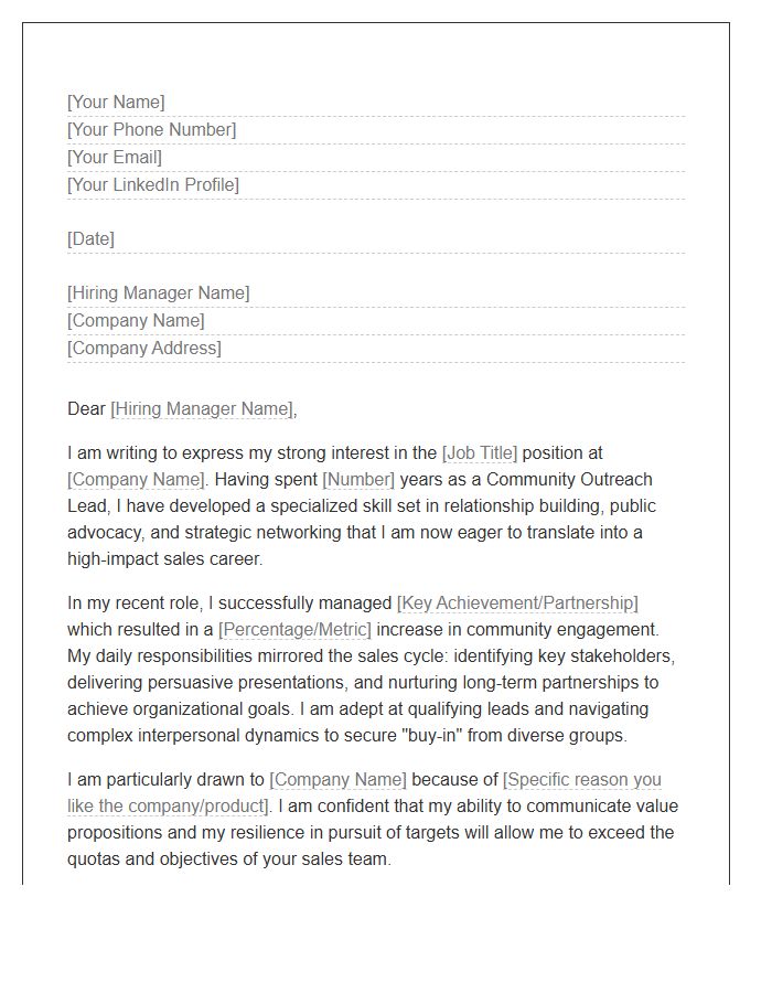 Community Outreach Lead Moving To Sales Role Cover Letter Template