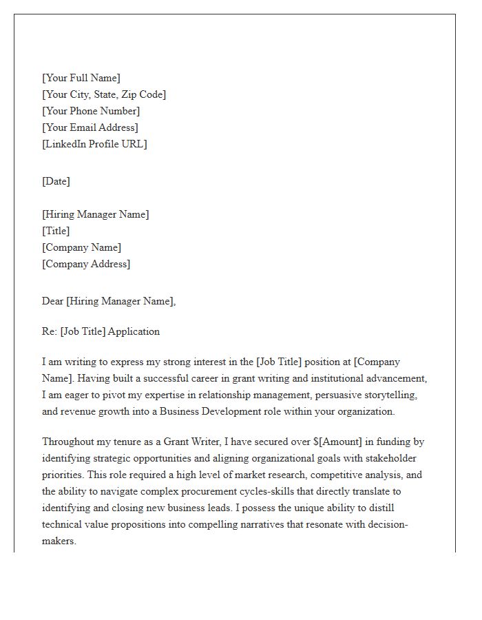 Grant Writer Moving Into Business Development Cover Letter Template