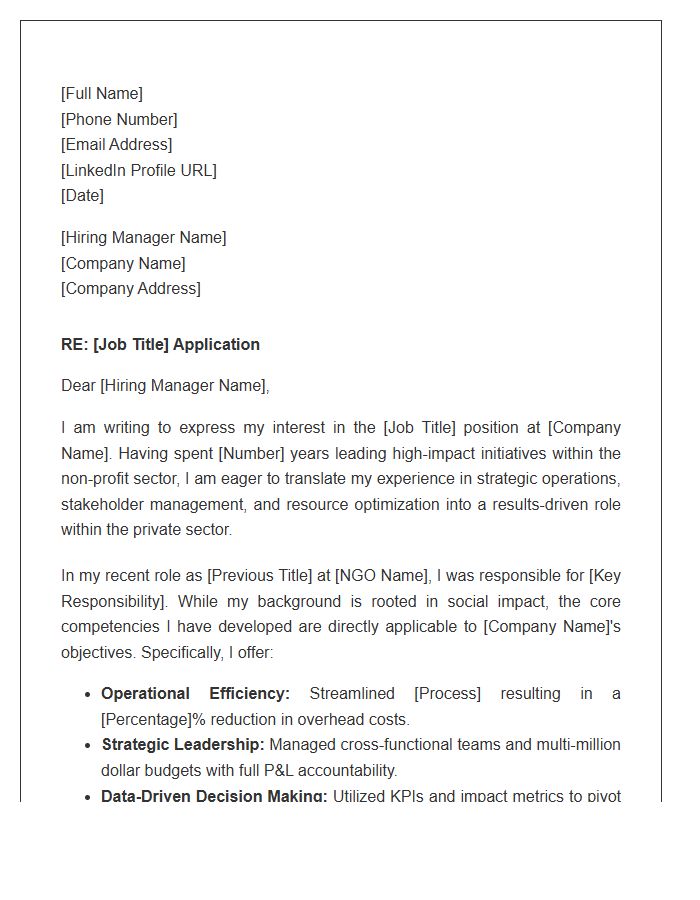 NGO Manager Applying For Private Sector Position Cover Letter Template