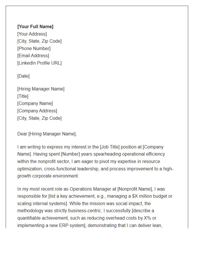 Nonprofit Operations Manager Joining Corporate Team Cover Letter Template
