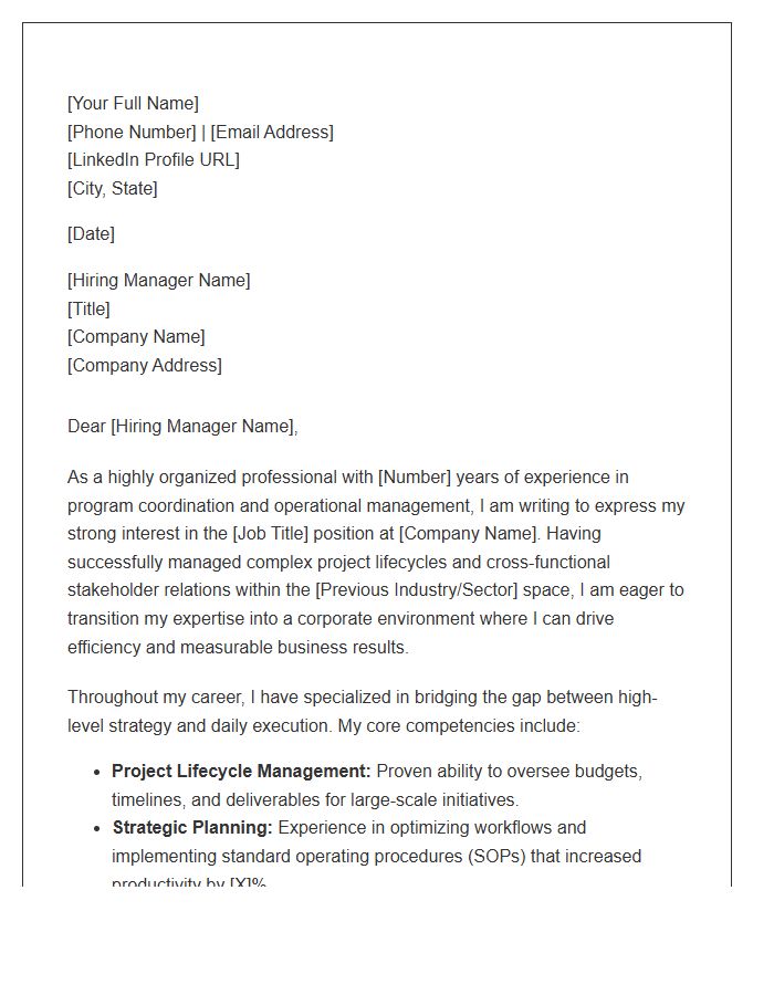 Program Coordinator Seeking Corporate Employment Cover Letter Template