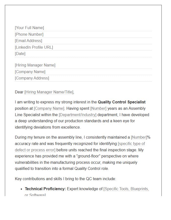 Assembly Line Specialist Moving To Quality Control Cover Letter Template