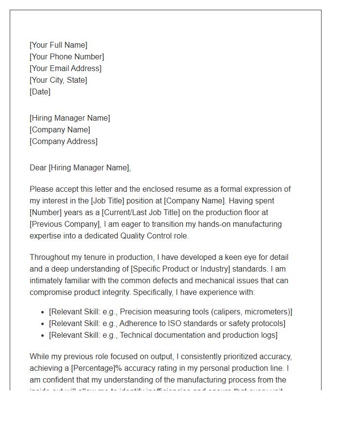 Factory Worker Quality Control Career Change Cover Letter Template