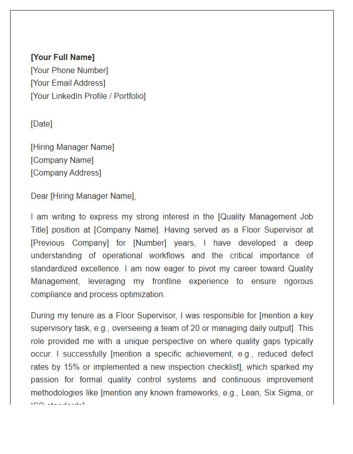 Floor Supervisor Pivoting To Quality Management Cover Letter Template