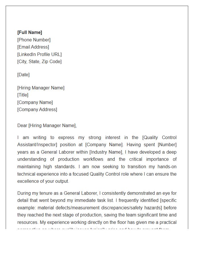 General Laborer Pivoting To Quality Control Assistant Cover Letter Template