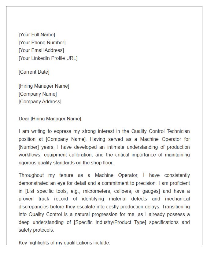 Machine Operator To Quality Control Technician Cover Letter Template