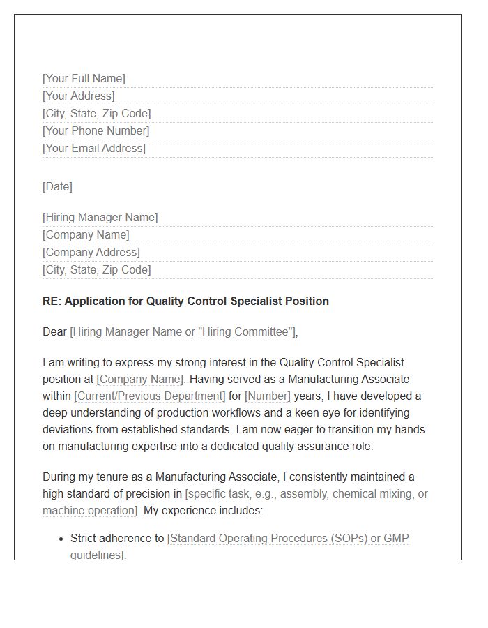 Manufacturing Associate To Quality Control Specialist Cover Letter Template