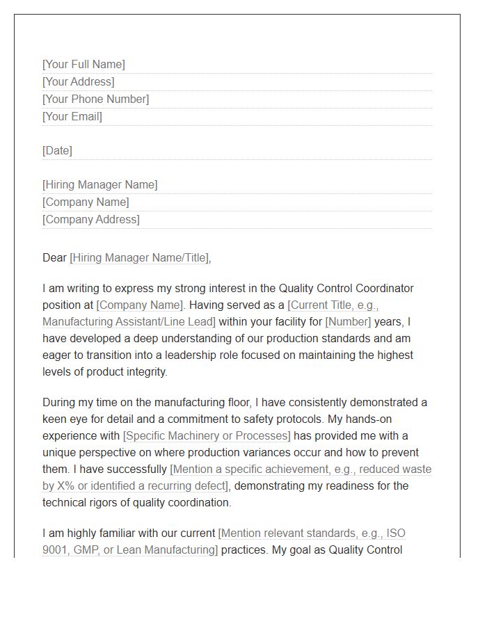 Manufacturing Hand To Quality Control Coordinator Cover Letter Template