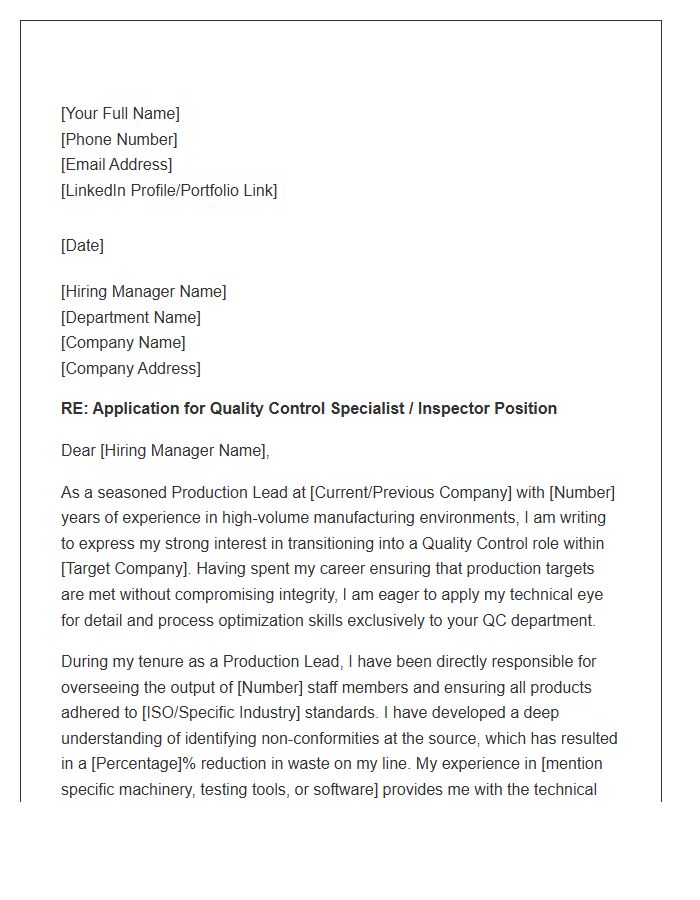 Production Lead Transfer To Quality Control Role Cover Letter Template