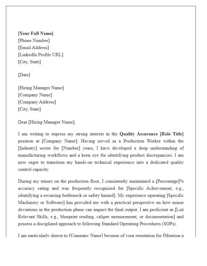 Production Worker Transitioning To Quality Assurance Cover Letter Template