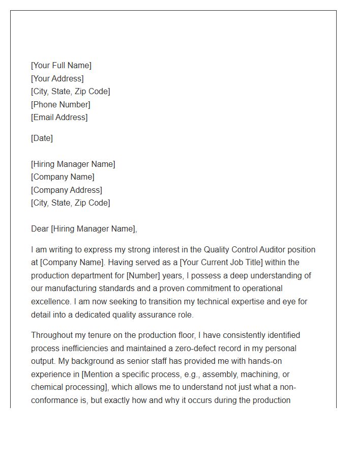 Senior Production Staff To Quality Control Auditor Cover Letter Template