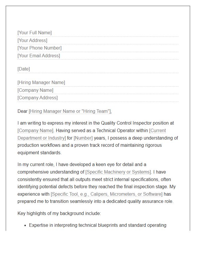 Technical Operator To Quality Control Inspector Cover Letter Template