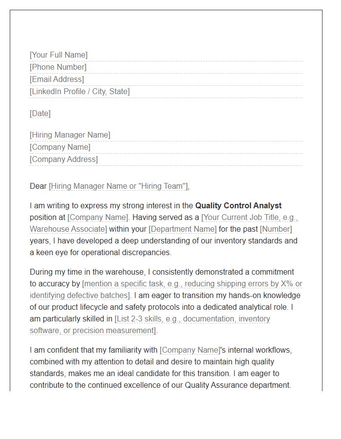 Warehouse Staff To Quality Control Analyst Cover Letter Template