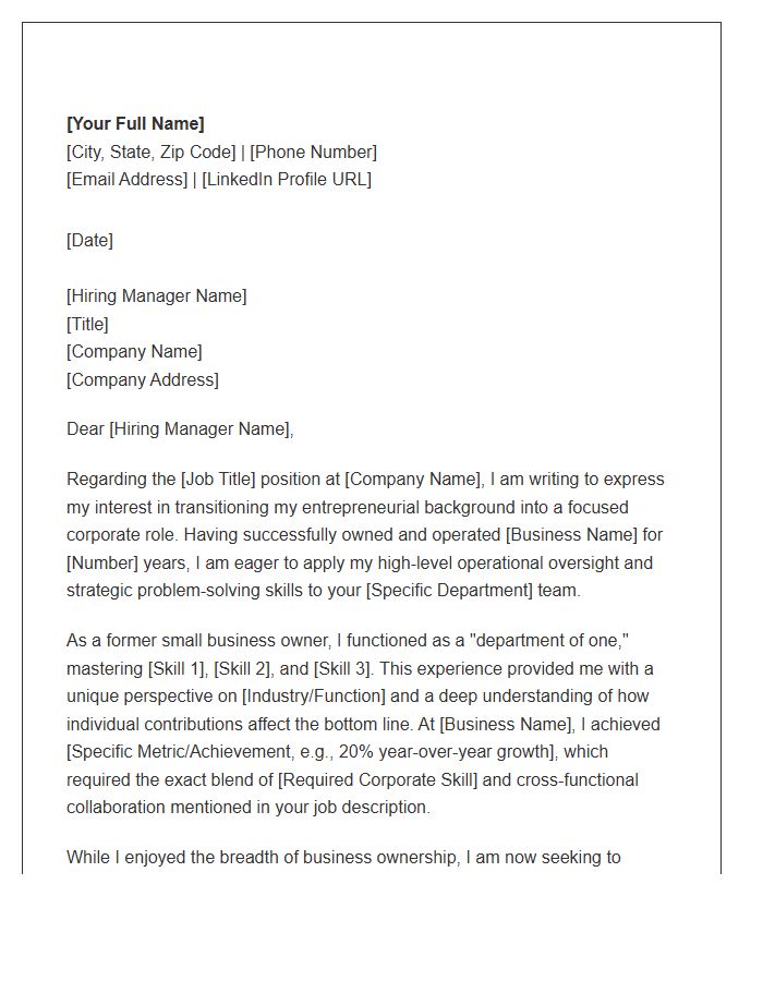 Former Small Business Owner Transitioning To Corporate Cover Letter Template