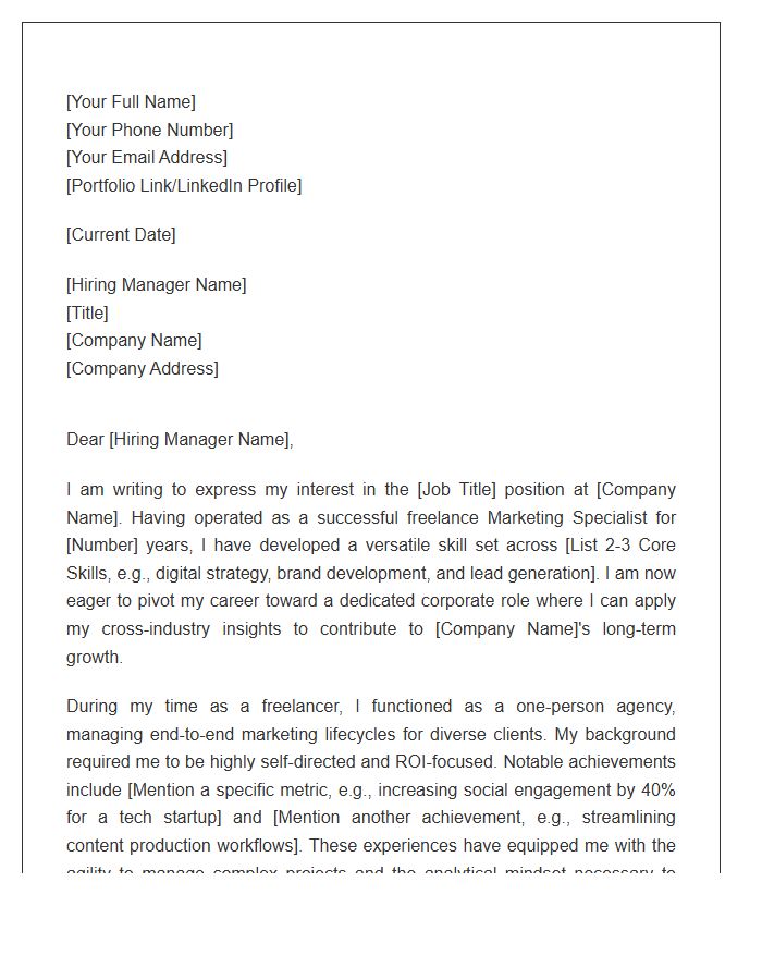 Freelance Marketing Specialist Aiming For Corporate Position Cover Letter Template