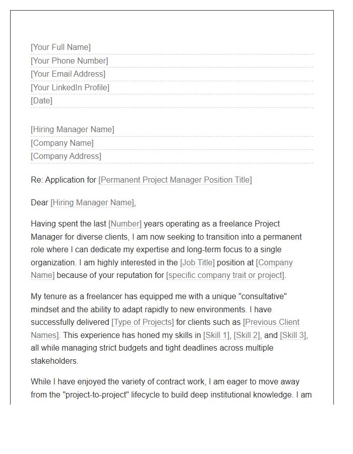 Freelance Project Manager Transitioning To Permanent Staff Cover Letter Template