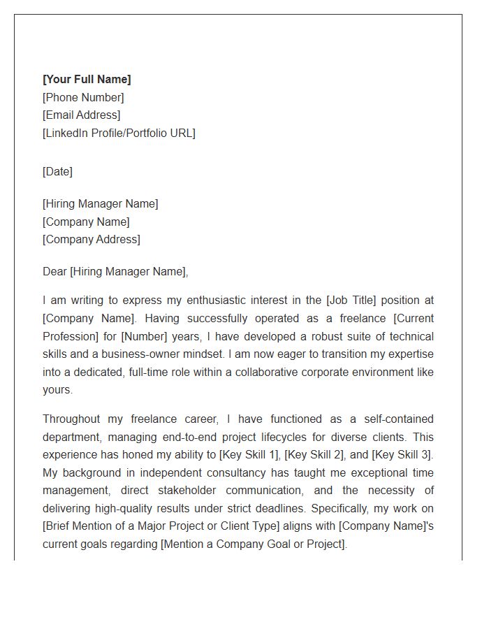 Freelancer Transitioning To Full Time Corporate Role Cover Letter Template