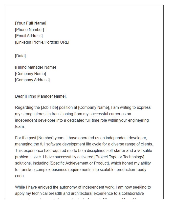 Independent Developer Seeking Full Time Enterprise Role Cover Letter Template