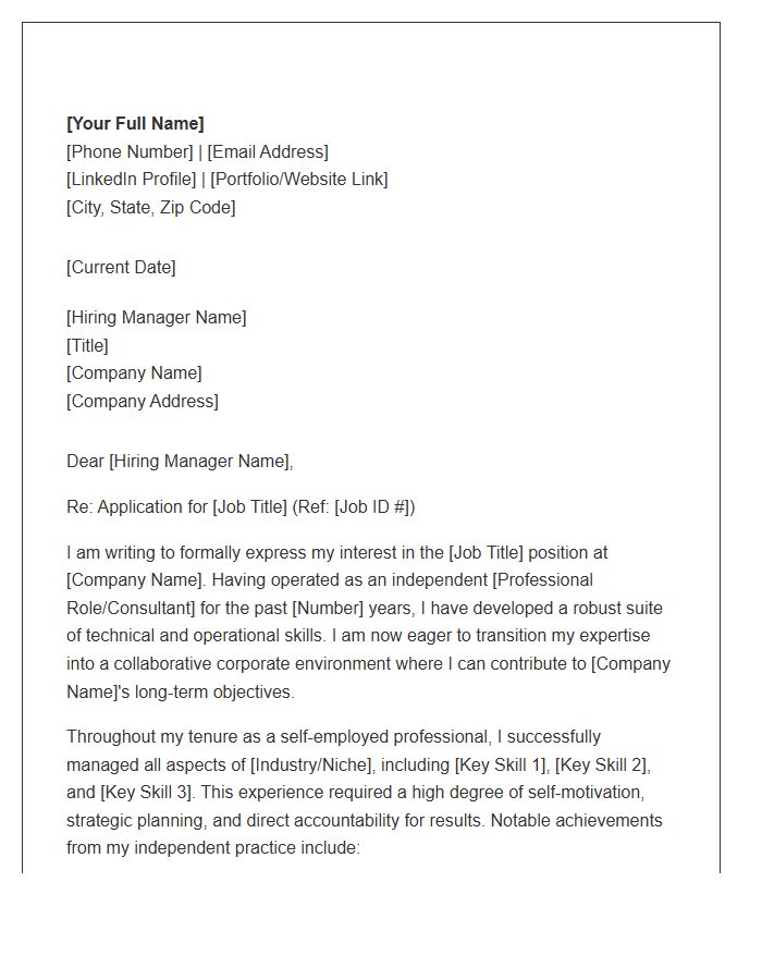 Self Employed Professional Seeking Corporate Employment Cover Letter Template