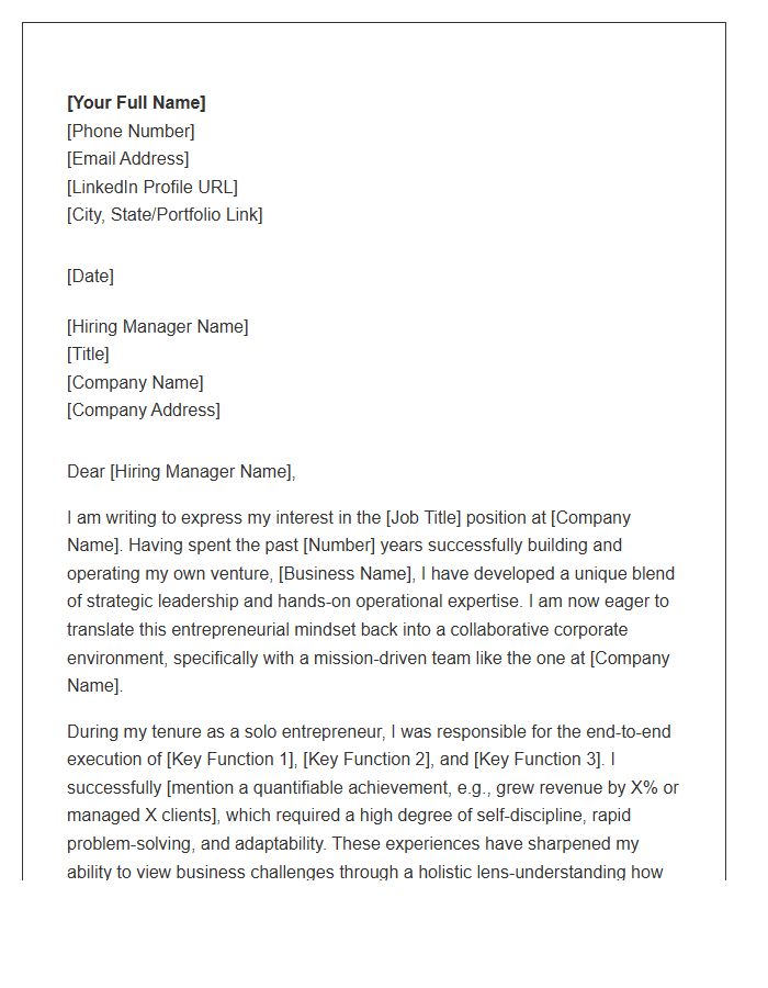 Solo Entrepreneur Reentering Corporate Workforce Cover Letter Template